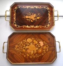 ITALIAN SORRENTO INLAID MARQUETRY WOOD FLOWER & SCROLL DESIGN SERVING TRAYS LOT