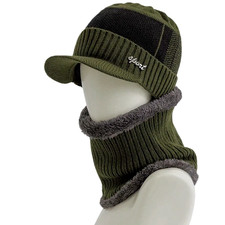 Mens Winter Warm Peaked Beanie Hat Fleece Lined Outdoor Ski Cap with Scarf