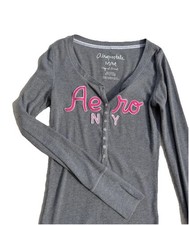 Aeropostale Y2K Spellout Logo Henley Long Sleeve Top Size M Gray Shirt Womens