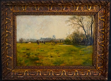 19th CENTURY FLEMISH SCHOOL CATTLE IN LANDSCAPE SIGNED ANTIQUE OIL PAINTING