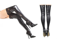 Black PVC Stockings Hold Ups Wetlook Stockings Lace Zipper Thigh High Stockings
