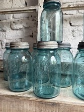 Vintage Blue Mason Glass Jars with Metal Ribbed  Lids ( Sold Individually)