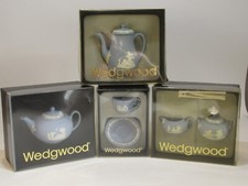 6 PIECE WEDGWOOD BLUE JASPERWARE MINIATURE TEA/COFFEE SET - BOXED