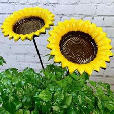 2 x CAST IRON YELLOW SUNFLOWER GARDEN ORNAMENT BIRD DISH FEEDER DISH BATH FEEDER