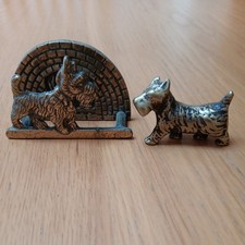 Brass Letter Rack Dog In Front of Fire Place & paper weight - Scottie Westie 