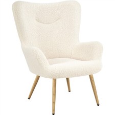 Boucle Accent Chair with Wood-tone Metal Legs and Foldable Backrest, Ivory