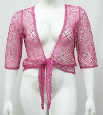 LADIES NEW 3/4 SLEEVE LACE SHRUG / TIES BOLERO PARTY BLACK CERISE RED