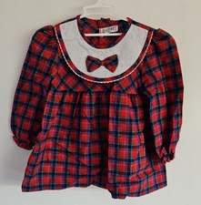 Vintage Baby Girls Red Tartan Long Sleeve Dress 6-12 Months Bow Blue Green 90's