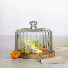 Ribbed Cloche with Wood Base, Cake Dome, Glass Cheese Cover Decorative Cloche