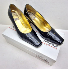 Timothy Hitsman 7C Black Studded Court Shoes Square Toe Kitten Heel Gold Detail