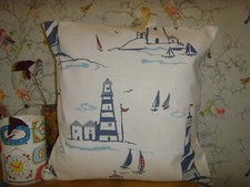 B NEW LIGHTHOUSE BOAT NAUTICAL PRINT COTTON cushion cover 16in BLUE WHITE RED