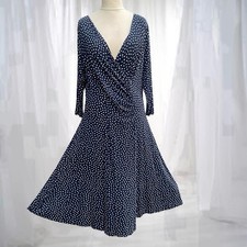 Artigiano/Made in Italy Navy Blue Polka Dot Wrap Ruched Midi Dress Size 20