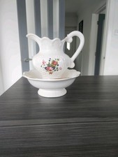 Albany Pottery Pitcher and Bowl White Red and Pink Flowers Vintage