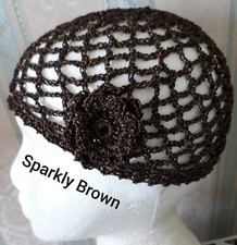 SPARKLY DARK BROWN LUREX SKULL CAP HAT Crochet 1970s 20s Fancy Dress Party Abba