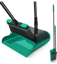 JEHONN Long Handle Broom & Dustpan Set 136cm Foldable Upright Sweeping Green