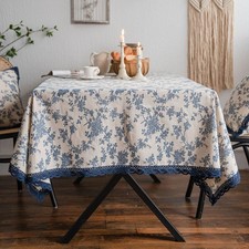 Flower Pattern Tablecloth Linen Cotton Table Cloth Blue Rose Dining Table Cloth