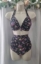 NEW BLACK POLKA FLORAL PRINT RETRO VINTAGE STYLE HIGH WAIST BIKINI SIZE L 12