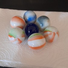 Vintage Akro Agate Peltier Art Swirl Glass Marbles  White Maroon Green Yellow x7