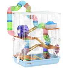Pawhut 5 Tier Hamster Cage Carrier Habitat w/ Exercise Wheels, Light Blue