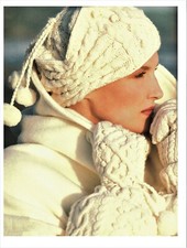Ladies hat and gloves, Vogue knitting pattern in Aran wool. Woman Mittens.