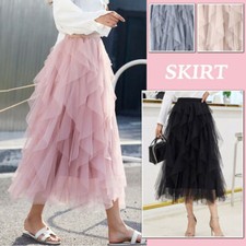 Womens Ladies Elastic High Waist Ruffle Mesh Tulle Tutu Skirt Pleated Long Dress