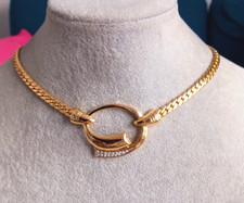 Vintage Gold Collar Necklace Flat Link Chain Circle Pendant Cleopatra