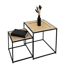 Set of 2 Coffee Table Cane Details Top Nest Of 2 Tables with Black Metal Frame