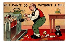 Comic. Man in Kitchen. Cat