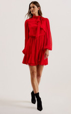 TED BAKER Dress Womens TB 2 UK 10 Zebrina Red Neck Tie Long Sleeve Chiffon NEW