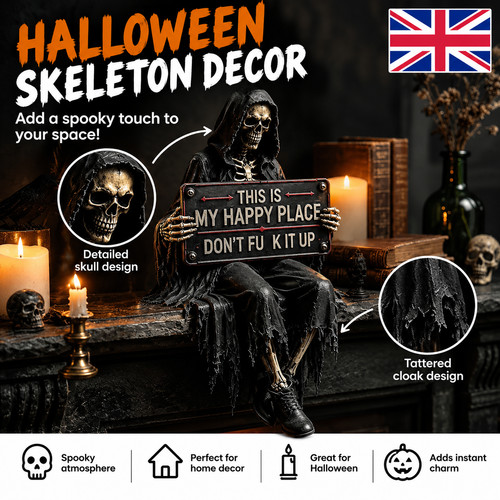 Skeleton statue with - with, sign