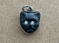 Vintage silver Czech Black glass cat charm kitty face love token pendant