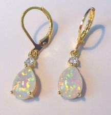(YGE 1)  GORGEOUS WHITE  FIRE OPAL  YELLOW GOLD LEVER BACK EARRINGS