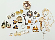 JOB LOT VINTAGE JEWELLERY & CURIOS EARRINGS. KEYS. ROSARY. PILL BOX. WATCH.RING.