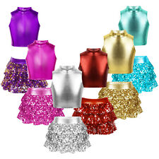 UK Girls Dancewear Shiny Outfits Children Crop Top With Skirt Party Tutu Skirts
