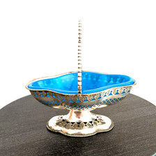 Victorian hallmarked Sept 1869 Silver plate dish with pearline blue glass  liner