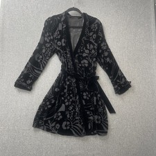 VTG Monsoon dressing gown small black silk chiffon velvet devore burn out robe