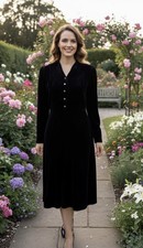 Laura Ashley Midi Dress Navy Blue Velour Soft Velvet Long Sleeves Size 8 UK