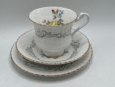 BONE CHINA PARAGON ROSES AND GREY SCROLLS TRIO TEA CUP + SAUCER + SIDE PLATE