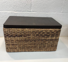 Large Wicker Basket Storage Chest Brown Leather Cover Wood Lid 25" x 15" x 12"