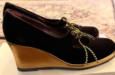 Luc Berjen Made in Italy Black Velvet & Gold Wedge Heels 3.5