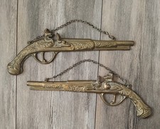 Vintage Pair Flintlock Pistols ~ Solid Brass with Hanging Chains ~ 11"