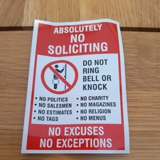 1 X No Cold Caller Sales Persons / Canvassers FRONT DOOR  Sticker NO SOLICITING