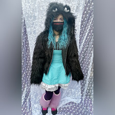 Black faux fur jacket with teady Bear Ears size small fluffy coat hoodie
