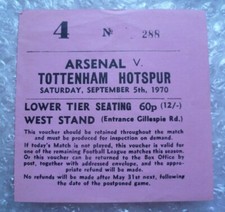 ARSENAL TICKET Arsenal v Tottenham 5 Sept 1970 Double Season