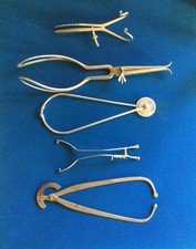 Five Vintage Stainless Steel Medical Instruments Forceps Etc. Birthing Tools