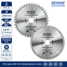 2Pc 216mm x 40T & 80T TCT Circular Wood Saw Blade For Bosch Makita Dewalt Mitre