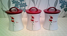 Dunelm Poppy Tea Coffee Sugar Ceramic Canisters Lidded Storage Containers Set x3