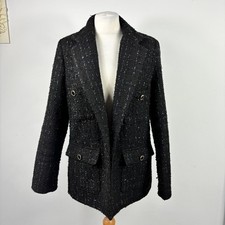 Marks & Spencer Wool Blend Jacket Size 14 Black Glitter Boucle Tweed Open Blazer
