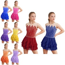 UK Girls Unitard Dance Dress Sparkly Romper Rhinestone Leotards Rumba Dresses