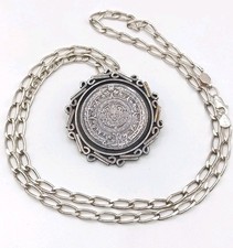 Vintage Sterling Silver Mexico Aztec Calendar Brooch/Pendant And Curb Necklace.